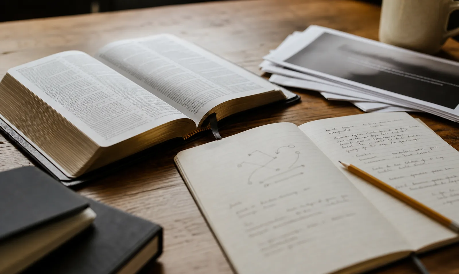 Generated image of a Bible, notebook, and class materials on a study table.