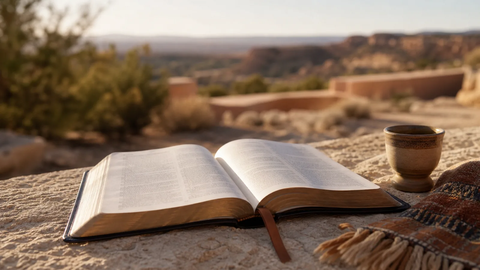 Beliefs page open Bible in desert light