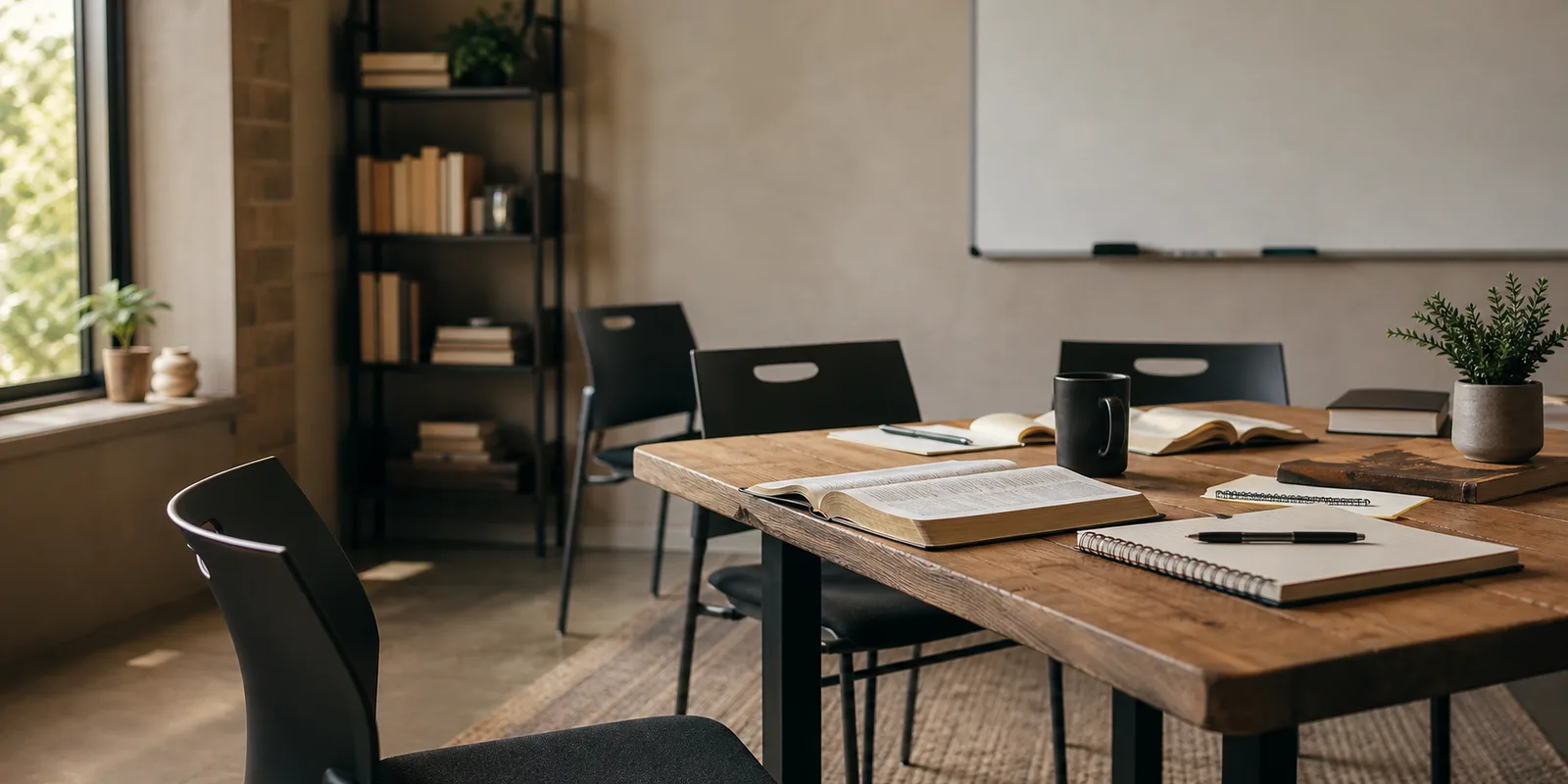 Generated image of a quiet Core Classes training room with Bibles and notebooks.